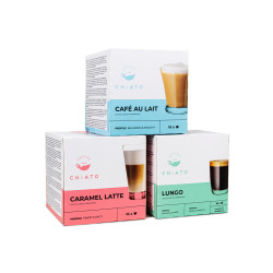 Kaffekapslar kompatibla med NESCAFÉ® Dolce Gusto® CHiATO Café au Lait + Caramel Latte + Lungo