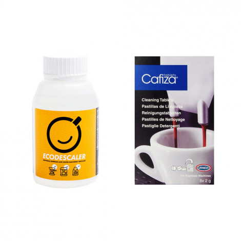 Kalkinpoistoaine kahvikoneille “EcoDescaler”, 250 ml + ”Cafiza Blister”