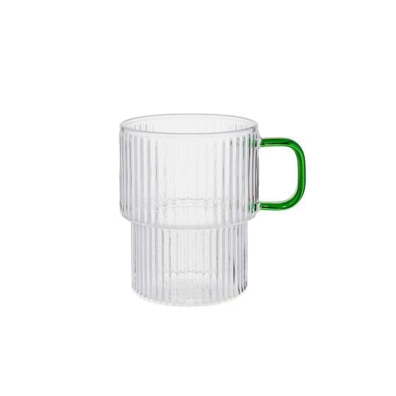Żebrowana szklanka do latte CHiATO z zielonym uchem, 300 ml – przezroczysta