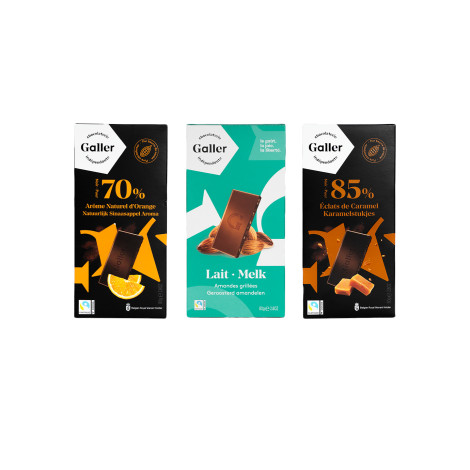 Zestaw tabliczek czekolady Galler Dark Orange x Noir Eclats De Caramel x Milk Almonds, 3 x 80 g
