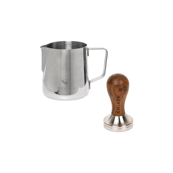 Stainless steel tamper with a wooden handle CHiATO, 51 mm + Milk pitcher CHiATO, 350 ml