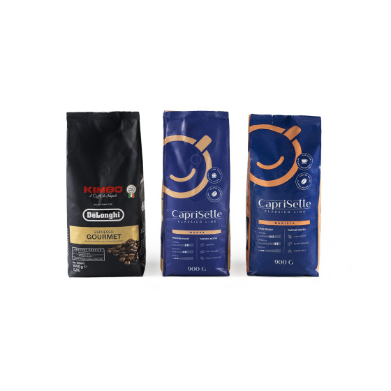 Zestaw ziaren kawy Caprisette Classico Mokka x Caprisette Classico Barista x DeLonghi Kimbo Gourmet, 2,8 kg