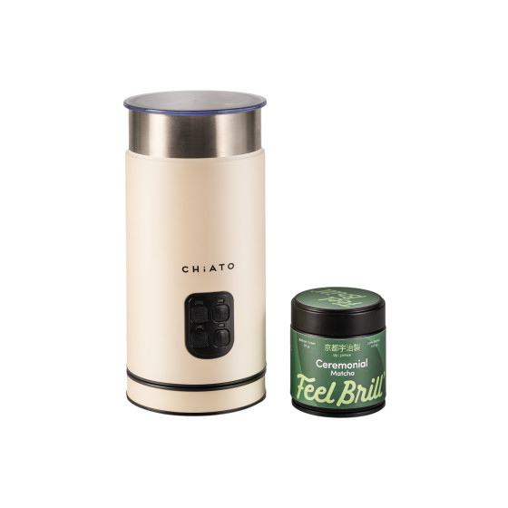 Zestaw spieniacza do mleka CHiATO milkPLAY i ceremonialnej herbaty matcha Feel Brill