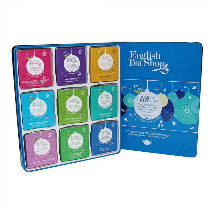 Tee Set English Tea Shop Organic Holiday Blue Baubles Tin 72 Stk Coffee Friend