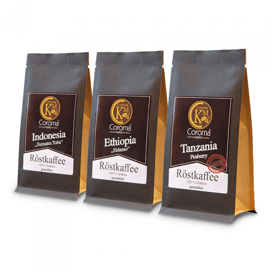Gemahlener Kaffee Set Coroma Kaffeemanufaktur „Sumatra Toba, Sidamo & Peaberry“, 3 x 100 g