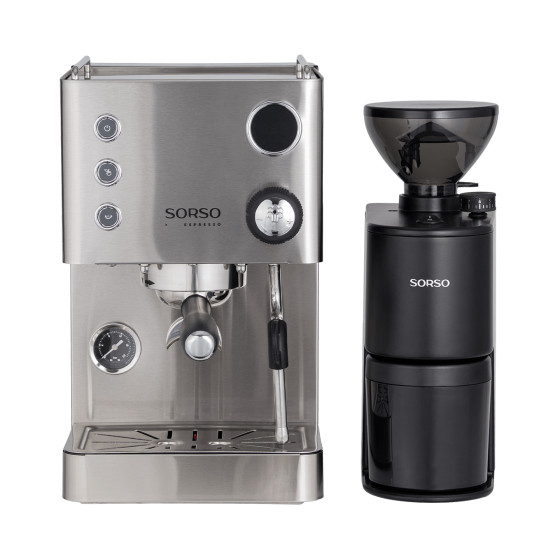SORSO Espresso Siebträgermaschine – Edelstahl + SORSO Peppe Brew &amp; Espresso by Eureka Elektrische Kaffeemühle - Schwarz