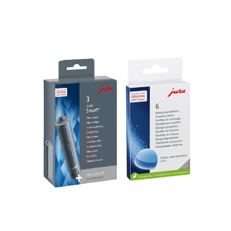Priežiūros priemonių rinkinys JURA Vandens filtrai Claris Smart+, 3 vnt. + Trijų fazių valymo tabletės, 6 vnt.