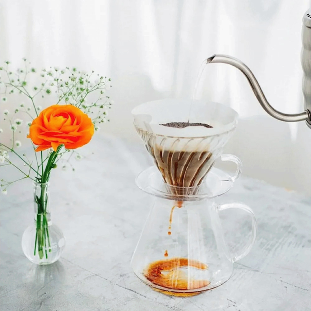 Image showcasing Hario V60 glass brewing kit