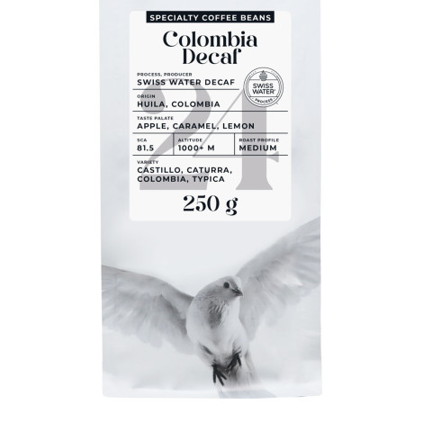 Grains de café de spécialité décaféiné Black Crow White Pigeon Colombia Decaf, 250 g