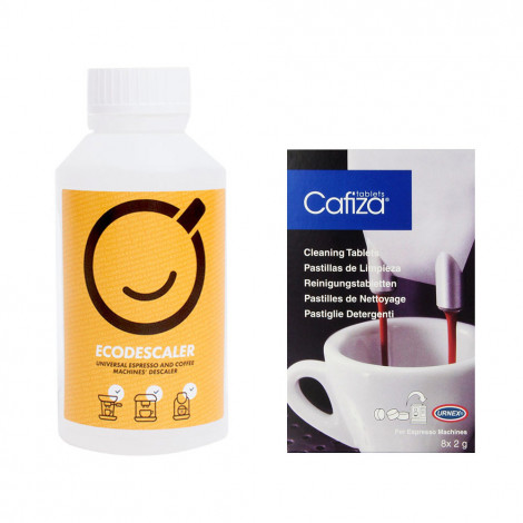 Kalkinpoistoaine kahvikoneille “EcoDescaler”, 500 ml + ”Cafiza Blister”