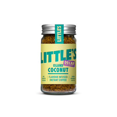 Cafeïnevrije gearomatiseerde oploskoffie Little’s Decaf Island Coconut, 50 g