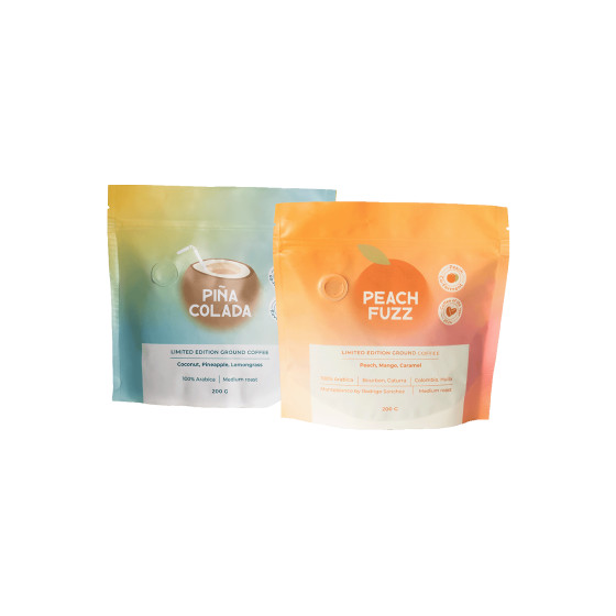 Dwupak współfermentowanej kawy mielonej z limitowanych edycji Peach Fuzz i Pina Colada, 2 × 200 g