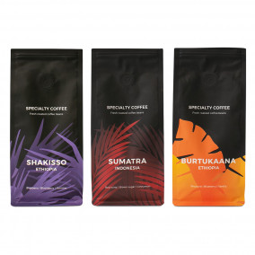 Set specialty koffiebonen “Indonesia Sumatra” + “Ethiopia Burtukaana” + “Ethiopia Shakisso”