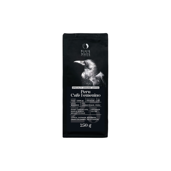 Gemahlener Spezialitätenkaffee Black Crow White Pigeon Peru Cafe Femenino, 250 g